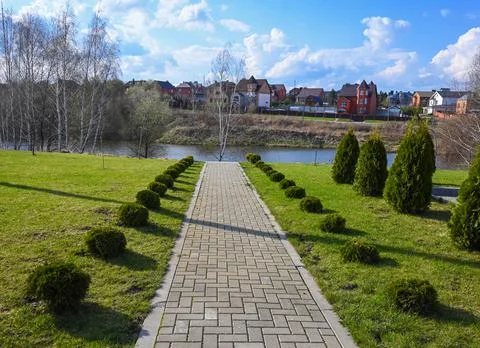 A paved path with trimmed thuja rows on its sides, leading to a pond. Stock Photos