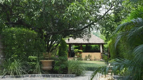 Paved path winds through an elegantly landscaped garden of an upscale Indian Stock Footage 270528770