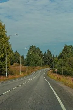 Paved road along the pine forest. Travel by car, tourism, vacation. Nature of Stock Photos