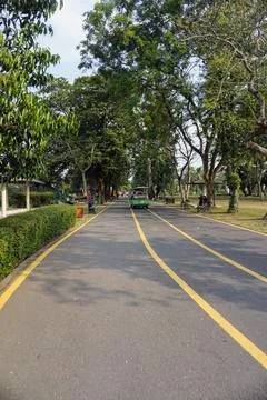 Paved road surrounded by lush trees near the exit of Prambanan Temple cultural Stock Photos