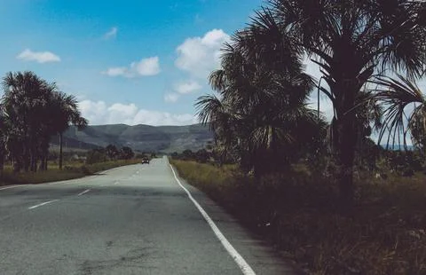 Paved road in the Venezuelan Amazon, between trees and mountains Stock Photos