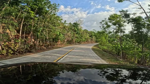 Paved road winds through tropical forest under partly cloudy sky Stock Footage 307486547