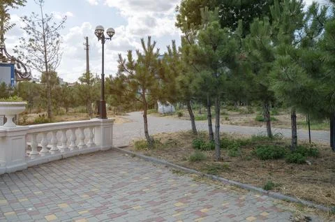 Paved square surrounded by mature trees in a municipal recreation zone Stock Photos