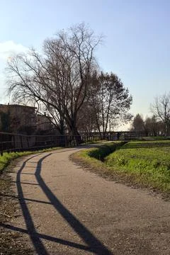 Paved trail bordered by bare trees next to a stream of water and a group of.. Stock Photos
