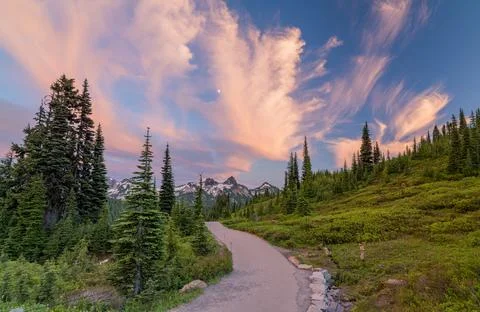 Paved trail through mountain forest with dramatic sunset clouds 스톡 사진
