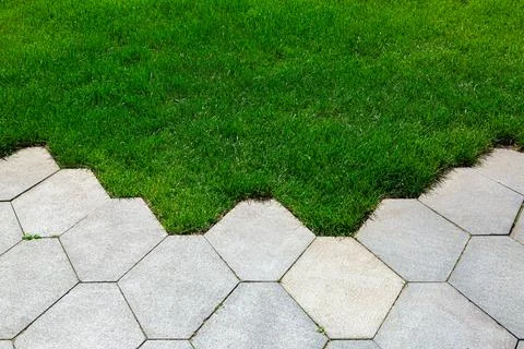 Pavement with concrete tiles honeycomb pattern and green lawn. Stock Photos