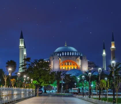 Pavement in front of the Aya Sofia at night Stock Photos