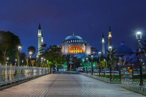 Pavement in front of the Blue Mosque at night Stock Photos