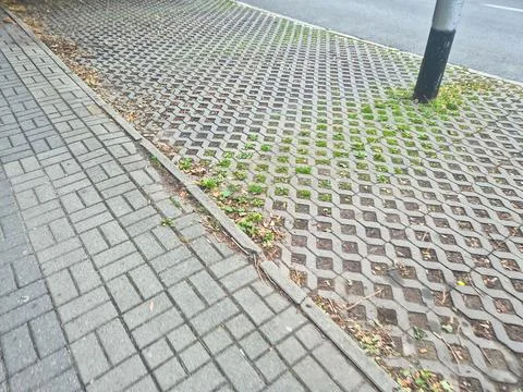Pavement with hexagonal patterns and patches of grass in urban environment, Stock Photos