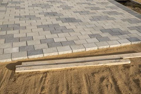 Pavement Installation Process With Concrete Pavers and Sand Base 스톡 사진