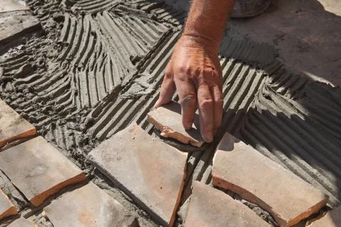 Pavement or terrace making, using recycling materials Stockfoto's