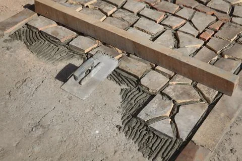 Pavement or terrace making, using recycling materials Stock Photos