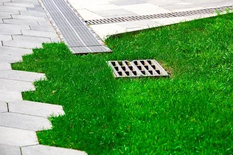 Pavement with stone tiles decorative pattern and trimmed green lawn. Stock Photos