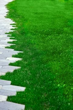 Pavement with stone tiles decorative pattern and trimmed green lawn. Stock Photos