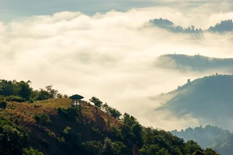 The pavilion is located in the middle of the mountain. Stock Photos