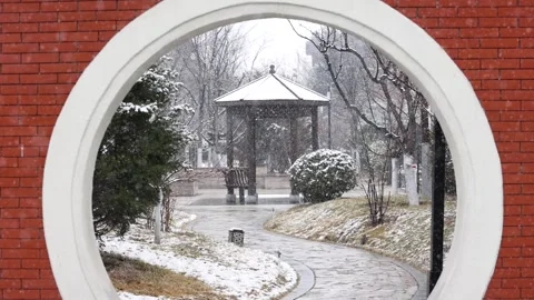 A pavilion in the snow Stock Footage 343622731