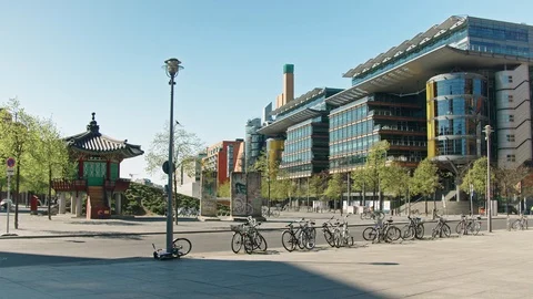 Pavillon der Einheit during Coronavirus lockdown at Potsdamer Platz in Berlin Stock Footage 130138841