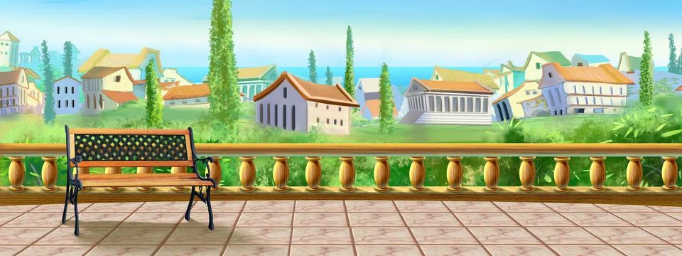 Paving slab observation deck with bench Illustrazione stock