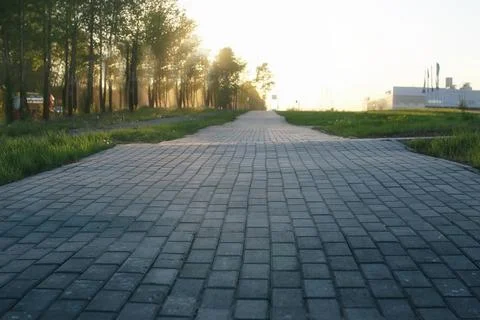 Paving stone path goes away the prospect in sunset Stock Photos