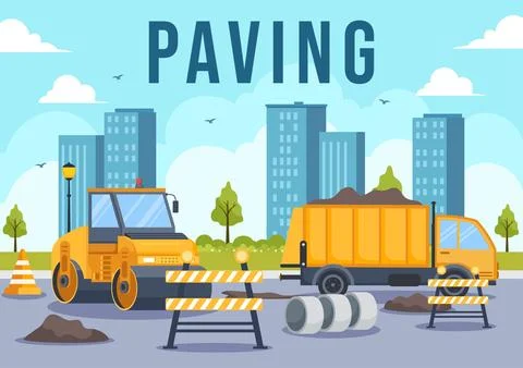 Paving Vector Illustration with Road Construction and Highway Maintenance W.. Stock Illustration