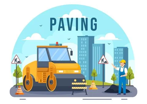 Paving Vector Illustration with Road Construction and Highway Maintenance W.. Stock Illustration