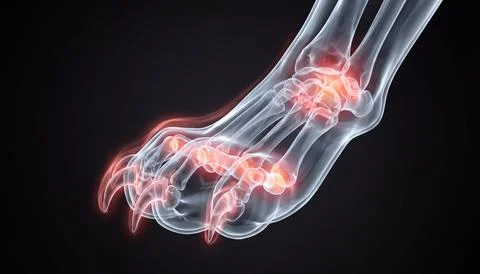 Paw bone structure pain joints glowing red inflammation animal anatomy vet .. Illustrazione stock