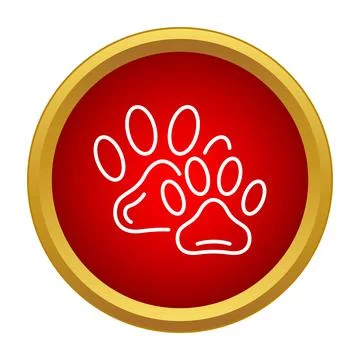 Paw prints icon on red circle badge for pet care Stock Illustration