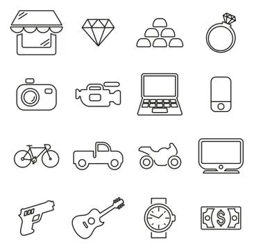 Pawn Shop or Second Hand or Thrift Store Icons Thin Line Vector Illustration  Illustrazione stock