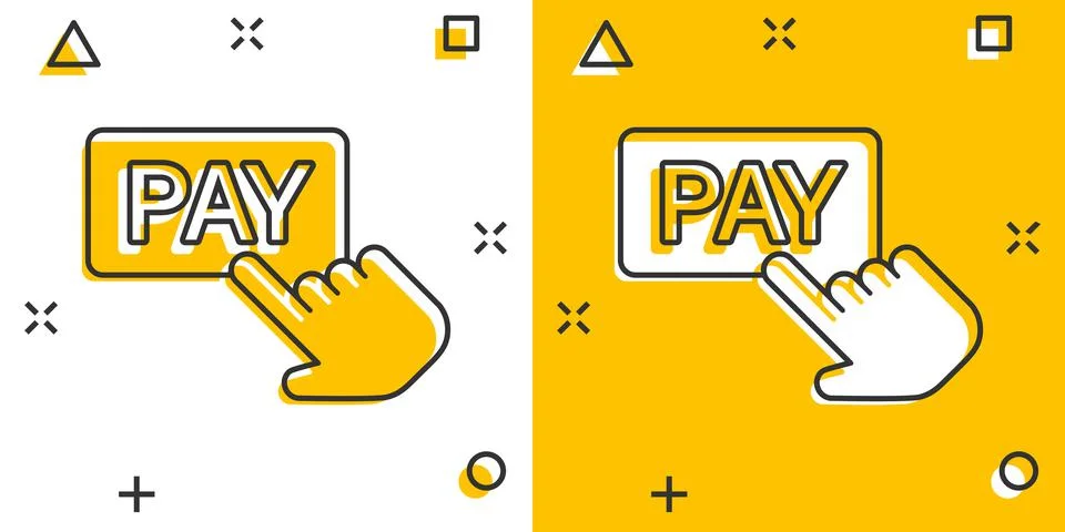 Pay banner icon in comic style. Finger cursor cartoon vector illustration on  Stock Illustration