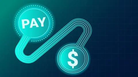 Pay button and glowing dollar symbol connected by dynamic digital path on Stockillustratie