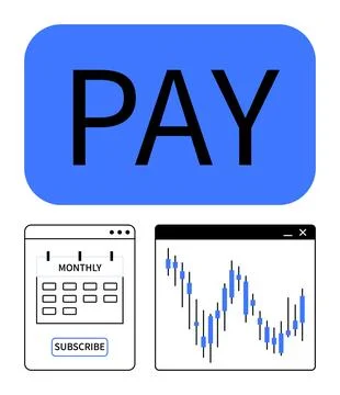 Pay button in blue, monthly subscription calendar page with subscribe button, 스톡 일러스트