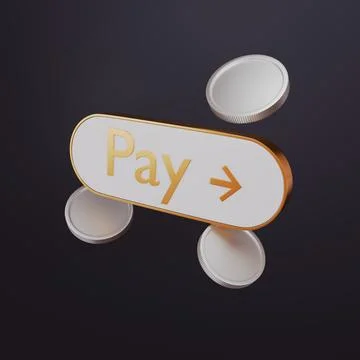 Pay button with floating coins, digital transactions and instant checkout Stock Illustration