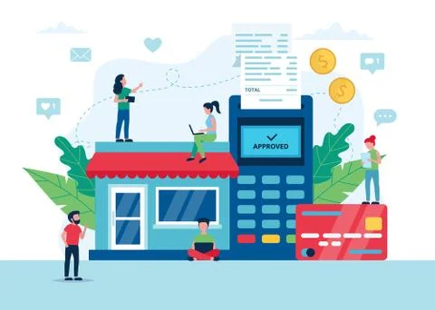 Pay by card, using POS terminal, shopping online concept. Small people 库存插图