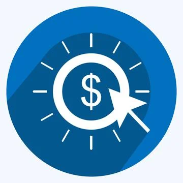 Pay Per Click Icon in trendy long shadow style isolated on soft blue backgrou Stock Illustration