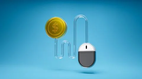 Pay per click, ppc or cost per click. Mouse pad connected with bitcoin symbol Illustrazione stock