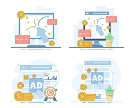 Pay per click set featuring a computer monitor, cursor, coins, and debit card Illustrazione stock