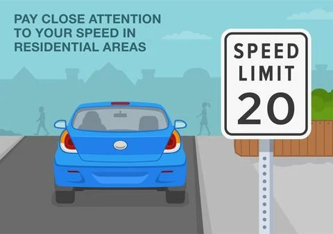 Pay close attention to your speed in residential areas. Close-up view of sign. Stock Illustration