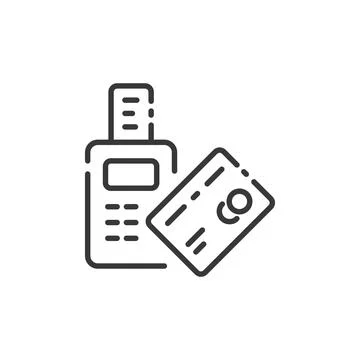 Pay with credit card reader machine thin line icon. Swiping terminal payment. Illustrazione stock