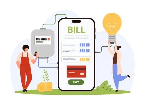 Pay for electricity using mobile application, tiny people holding light bulb and 스톡 일러스트