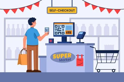 Pay Groceries Using Automatic Cashier Machine Stock Illustration