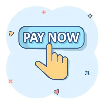 Pay now icon in comic style. Finger cursor vector cartoon illustration on whi Stock Illustration