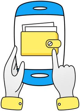 Pay online vector icon of phone with wallet and hand pushing pay button on white Stock Illustration