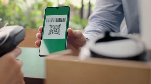 Pay by qr code on phone screen at coffee bar. Qr reader scans electronic card to Stock Footage 199485760