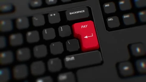 Pay red button on keyboard. A finger presses Pay. Click download. Close up Stock Footage 270400461