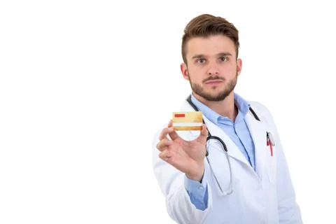 Pay secure using credit card for medical services. Doctor holding creditcard Stock-Fotos