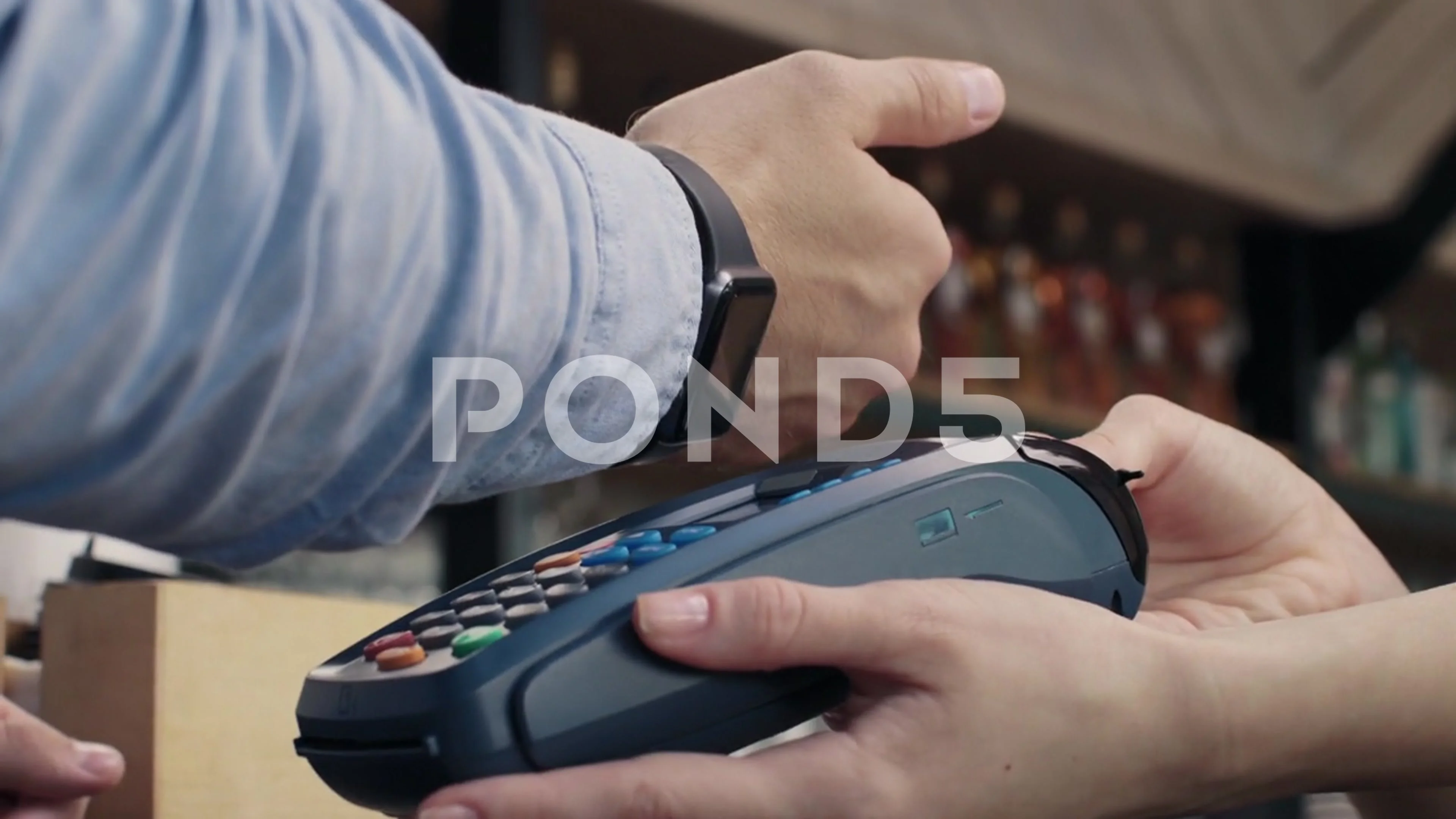 Smart Watch POS Terminal Payment. Hand with Smartwatch on the Wrist Making  Payment Transaction. Flat Icon. Stock Illustration - Illustration of  business, money: 87472490