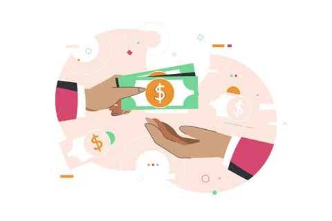 Pay for something, hold the bills in your hands. Business, money, dollars Stock Illustration