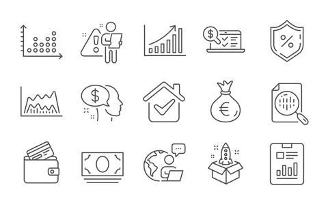 Pay, Startup and Report document icons set. Cash money, Online accounting and Ilustración de archivo
