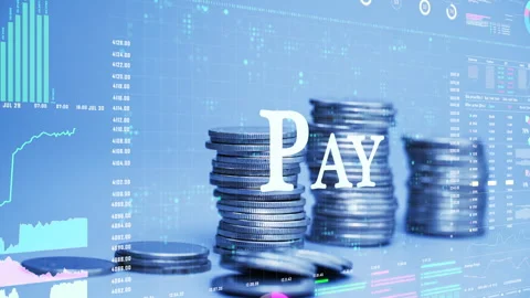 Pay text on coins stack increase with business data hologram. Stock Footage 281223905