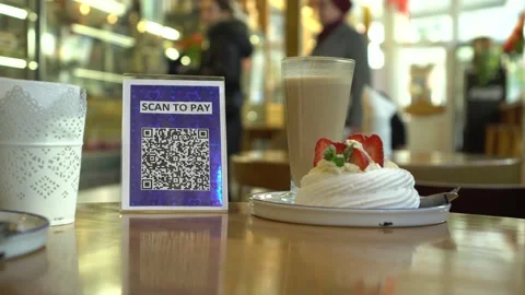 Pay touch-free with a QR code. Contactless Payment for Restaurant Stock Footage 142001153
